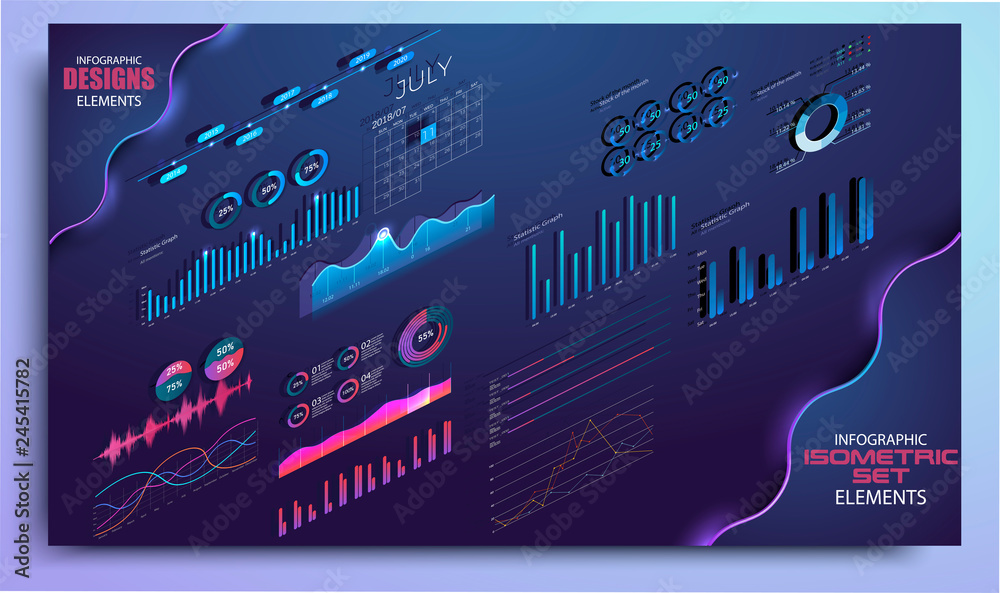 Isometric set of infographics with data financial graphs or diagrams ...