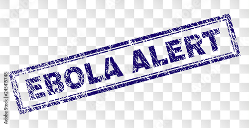 EBOLA ALERT stamp seal print with rubber print style and double framed rectangle shape. Stamp is placed on a transparent background.