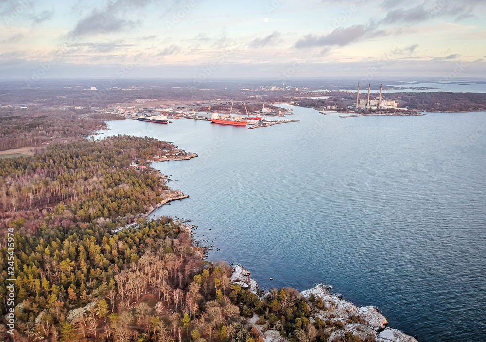 Swedish sea bay in winter aerial view