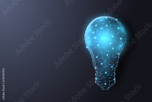 Abstract polygonal lamp on digital background. Vector blue glowing light bulb made of polygonal lines on dark background - innovation, technology, creativity