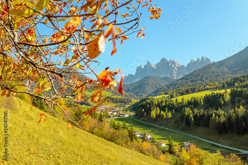 Fototapeta Naklejka Na Ścianę i Meble -  Funes Valley in Italian Dolomites Alps with yellow tree at the foreground. Travel in European Alps at autumn time.