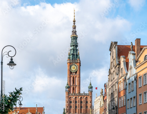 Gdansk, Poland, old town, view of old City Hall of Gdansk with clock tower.