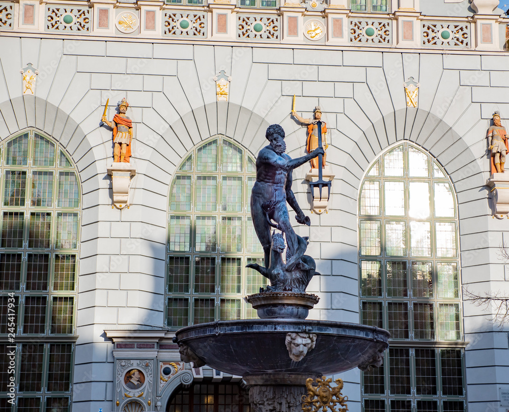Gdansk, Poland, old town, statue of Neptune fountain, symbol of city Gdansk