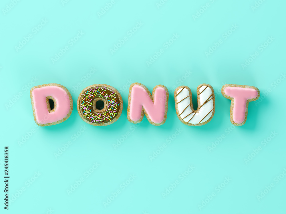 Fototapeta premium Delicious donuts with shape of letters glaze on yellow background 3D illustration