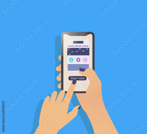 Vector illustration in line flat style and blue color background, with button "start now", data, with phone and hand - digital vector ilustracion.