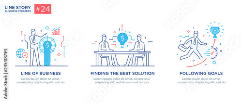 Set of illustrations concept with business concept. Workflow, growth, graphics. Business development, milestones, start-up. linear illustration Icons infographics. Landing page site print poster. Line