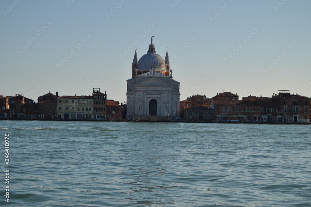 Main Facade Of The Church Of The Most Holy Redeemer In Venice. Travel, holidays, architecture. March 28, 2015. Venice, Veneto region, Italy.