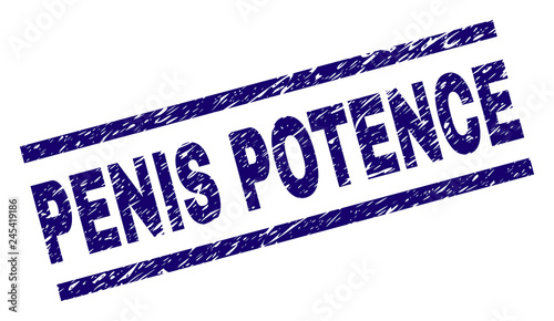 PENIS POTENCE seal print with grunge style. Blue vector rubber print of PENIS POTENCE title with retro texture. Text title is placed between parallel lines.