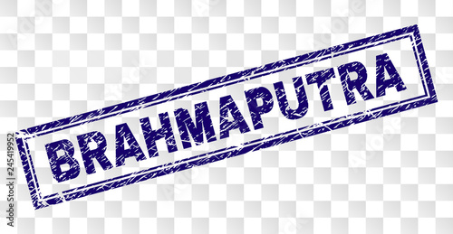 BRAHMAPUTRA stamp seal watermark with distress style and double framed rectangle shape. Stamp is placed on a transparent background. Blue vector rubber print of BRAHMAPUTRA label with unclean texture.