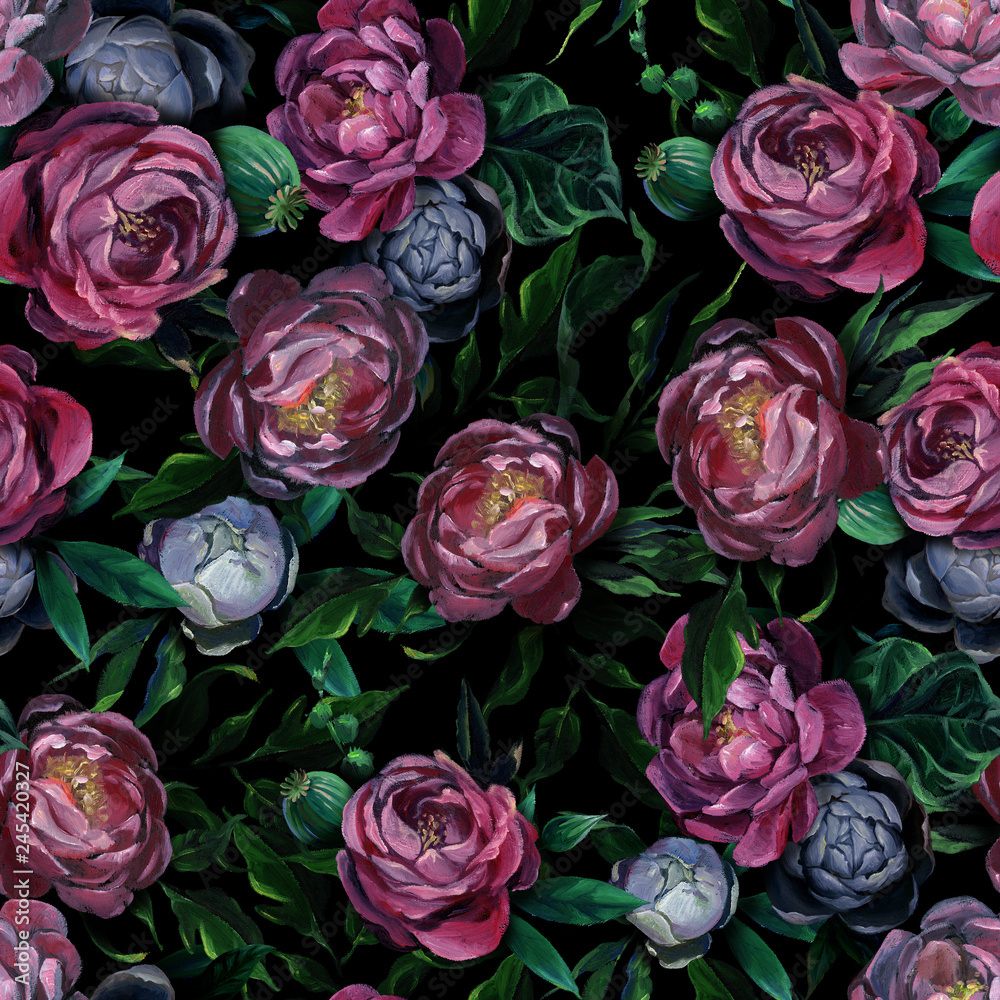 Seamless pattern of different white and blue peony flowers and leaves on dark black background Seamless pattern of different white and blue peony flowers and leaves on dark black background