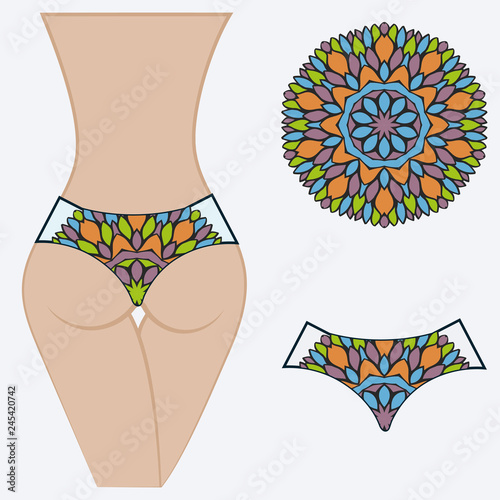 Woman panties briefs with mandala print. Flat vector iluustration. Fashion design.