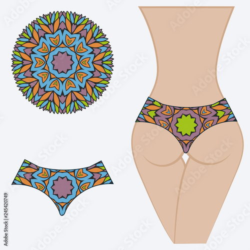 Woman panties briefs with mandala print. Flat vector iluustration. Fashion design.