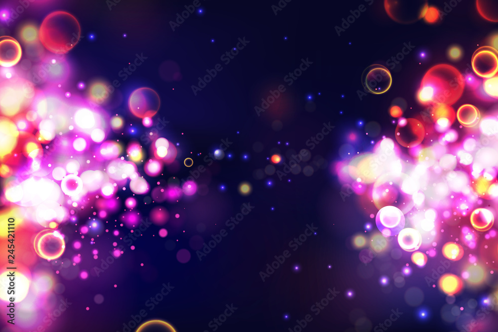 Abstract colorful defocused circular bokeh sparkle glitter lights background. Magic space cosmic shiny bubbles. Elegant layout template for blayer banner or poster background. EPS 10. Abstract colorful defocused circular bokeh sparkle glitter lights background. Magic space cosmic shiny bubbles. Elegant layout template for blayer banner or poster background. EPS 10.