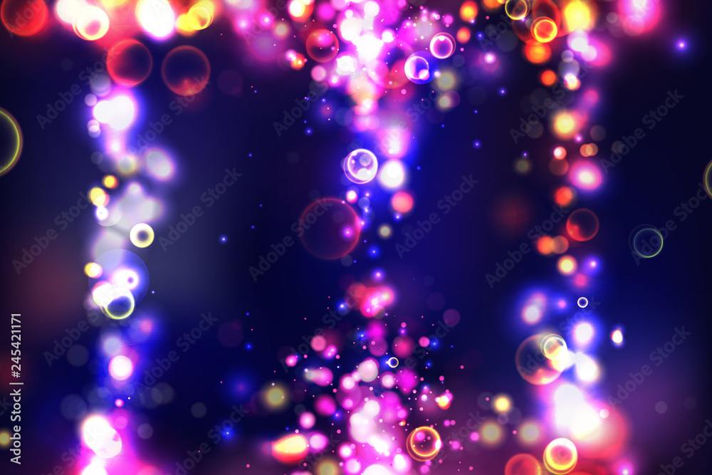 Abstract colorful defocused circular bokeh sparkle glitter lights background. Magic space cosmic shiny bubbles. Elegant layout template for blayer banner or poster background. EPS 10.