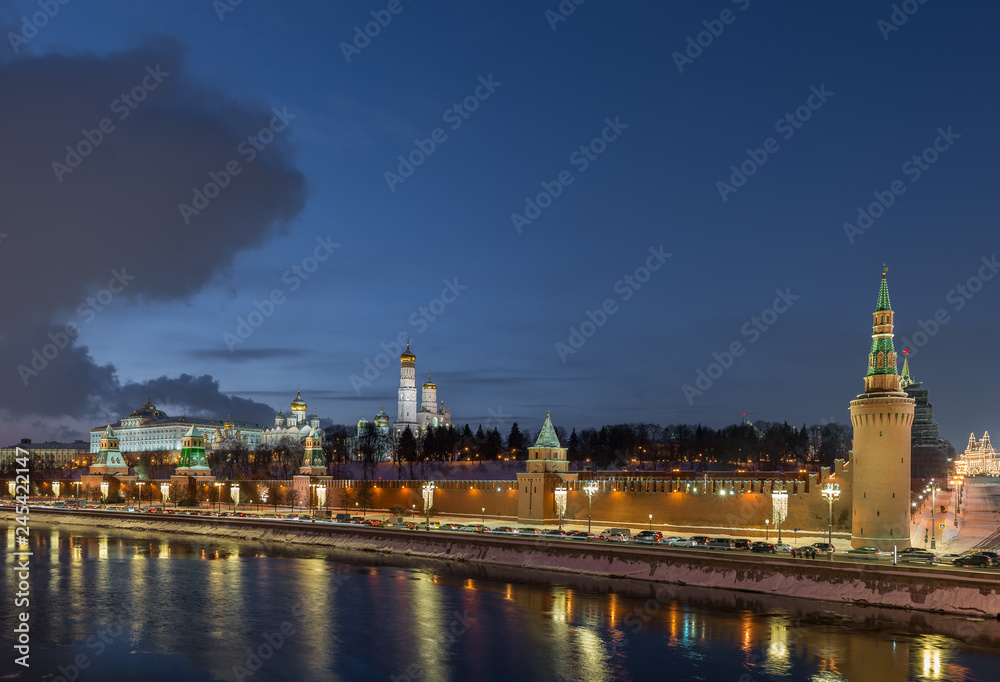 Night panorama of the Moscow Kremlin in winter