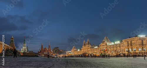 Night panorama of Red Square and GUM in winter in Moscow