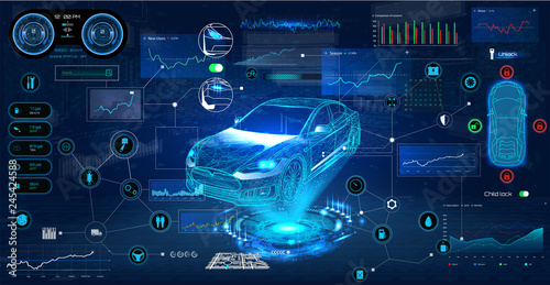 Car service in the style of HUD. Virtual graphical interface Ui HUD Autoscanning, analysis and diagnostics, Abstract vector science. Car auto service infographics. repair Futuristic user interface