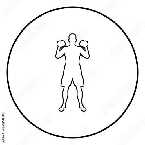 Man doing exercises with dumbbells Sport action male Workout silhouette front view icon black color illustration in circle round
