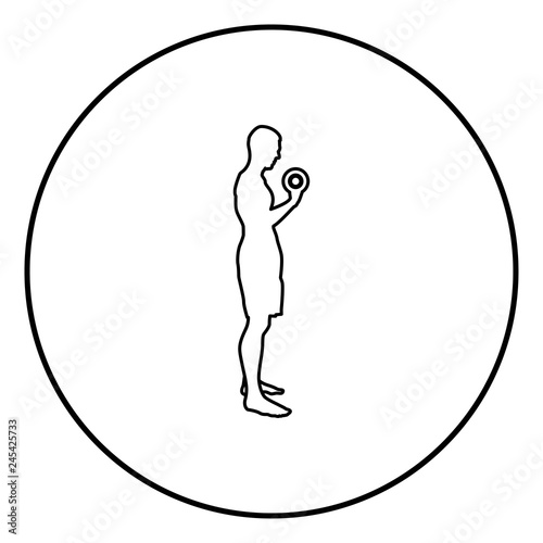 Man doing exercises with dumbbells Sport action male Workout silhouette side view icon black color illustration in circle round