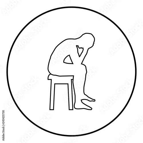 Man holding his head concept problem silhouette Sitting no seat icon black color illustration in circle round
