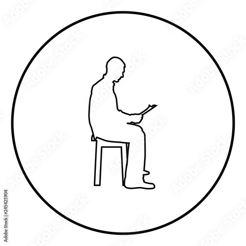 Man sitting reading Silhouette concept learing document icon black color illustration in circle round © Serhii