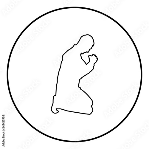 Man pray on his knees silhouette icon black color illustration in circle round