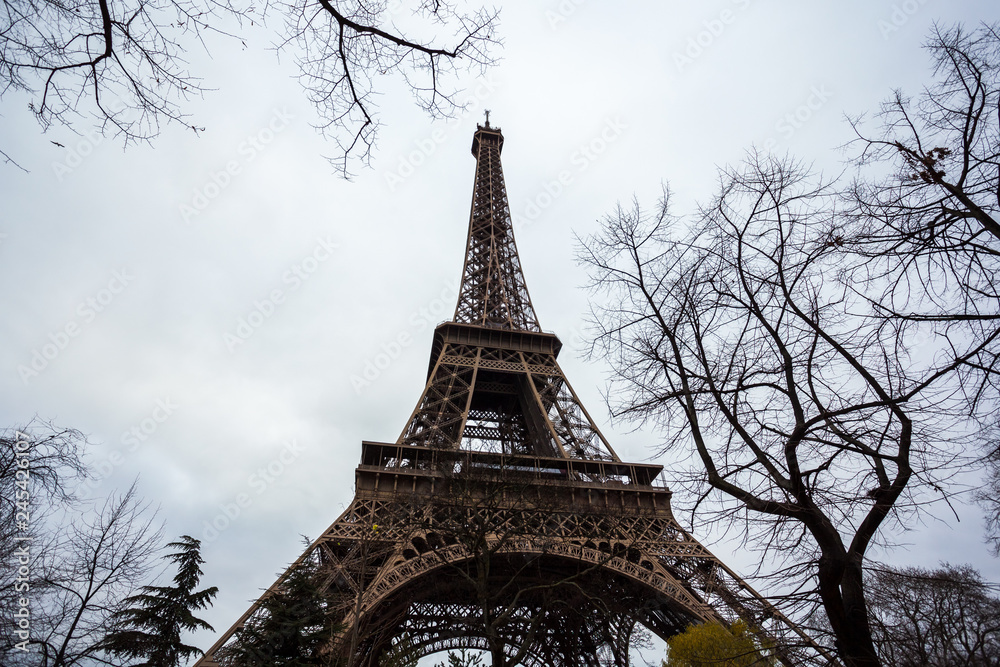 The Eiffel Tower in Paris shot against the sky