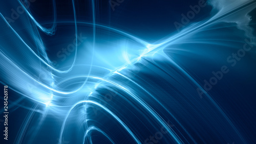 Abstract blue background element on black. Fractal graphics. Three-dimensional composition of glowing lines and mption blur traces. Movement and innovation concept. photo