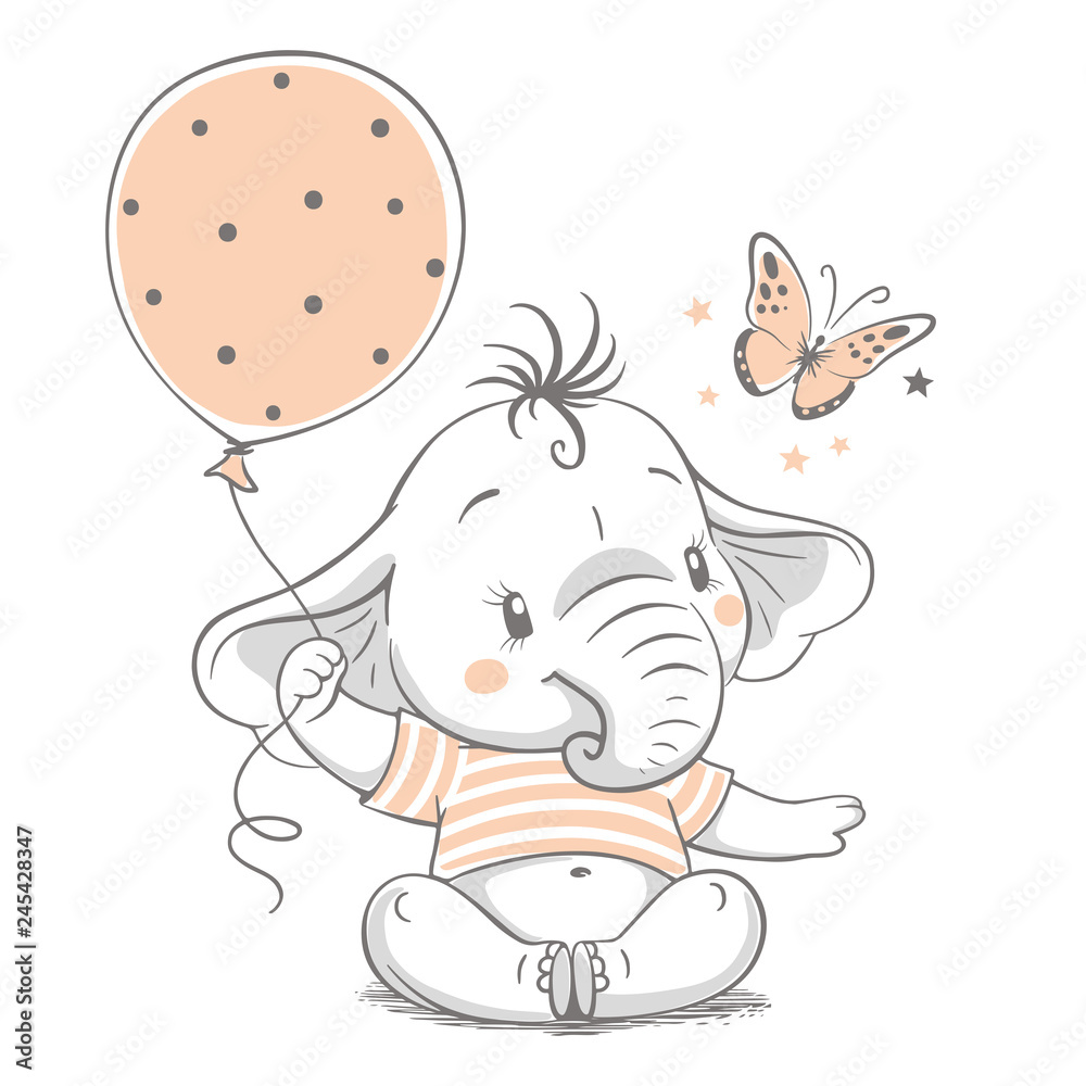 Naklejka premium Ręcznie rysowane ilustracji wektorowych cute słoniątka z balonem.