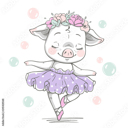 Vector illustration of a cute piggy ballerina in a violet tutu.