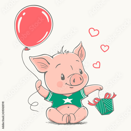 Vector illustration of a cute cartoon piglet, holding a red balloon, and a present in his hands.