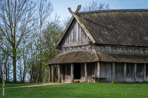 Old viking longhouse in spring