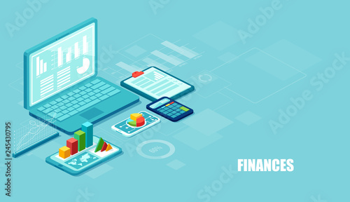  Isometric vector of financial apps and services on laptop and modern gadgets on blue background