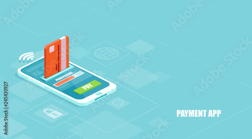 Vector of a payment being processed using a credit card on smartphone via a financial app