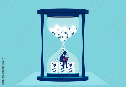 Vector of a businessman working on computer inside a sand clock converting business ideas into profit