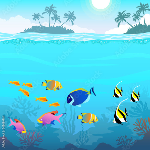 Beautiful underwater world, seascape, fish and sea bottom, seaweed, plants, islands with palm trees, vector illustration
