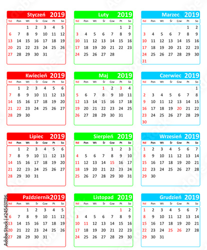 Simple colorful editable vector calendar for year 2019 in Polish isolated on white background