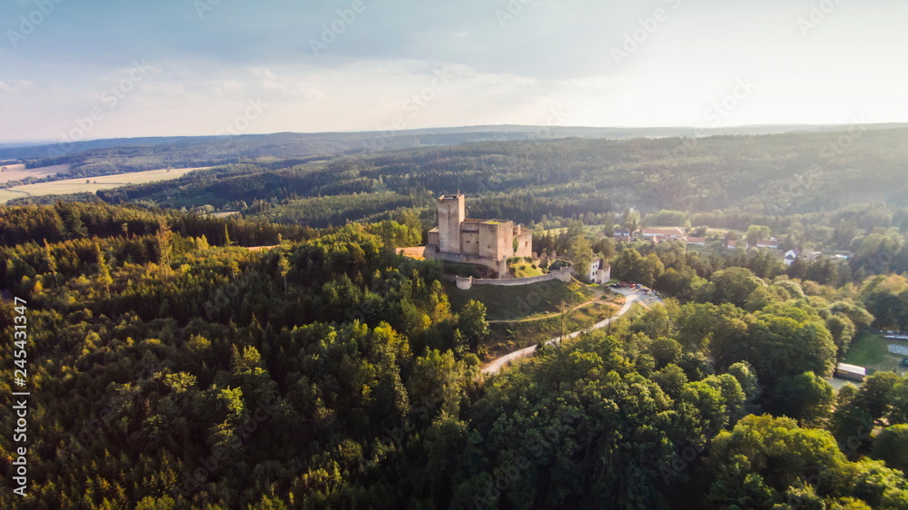 Ruins of castle Landstejn aerial view. South Bohemian region. Czech Republic, Europe.