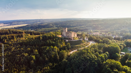 Ruins of castle Landstejn aerial view. South Bohemian region. Czech Republic, Europe.
