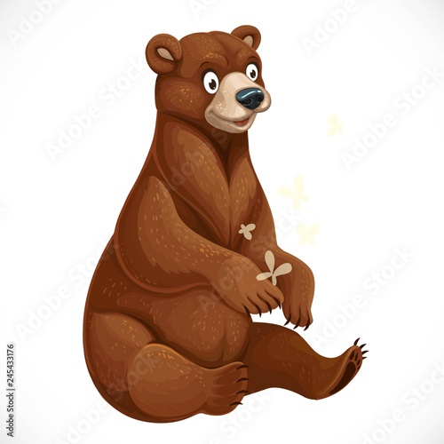 Cute cartoon bear playing with yellow moths sit on white background