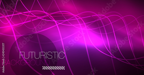Abstract shiny glowinng color wave design element on dark background - science or technology concept