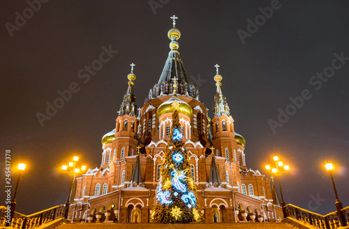 St. Michael's Cathedral and the Christmas Tree in Izhevsk. Russia photo