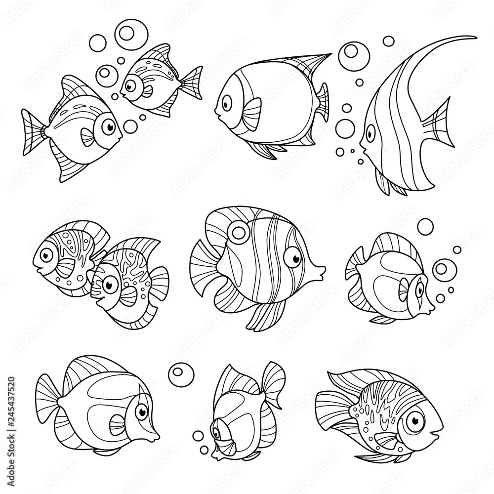 Cartoon Sea Fishes Outlined For Coloring Page On A White Background cartoon-sea-fishes-outlined-for-coloring-page-on-a-white-background