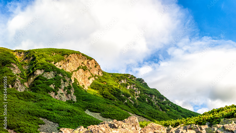 Polish Tatra mountains summer landscape with blue sky and white clouds.