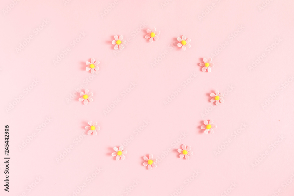Floral decor on light pink pastel background. Wedding. Birthday. Happy womens day. Mothers Day. Valentine's Day. Flat lay, top view, copy space - Image