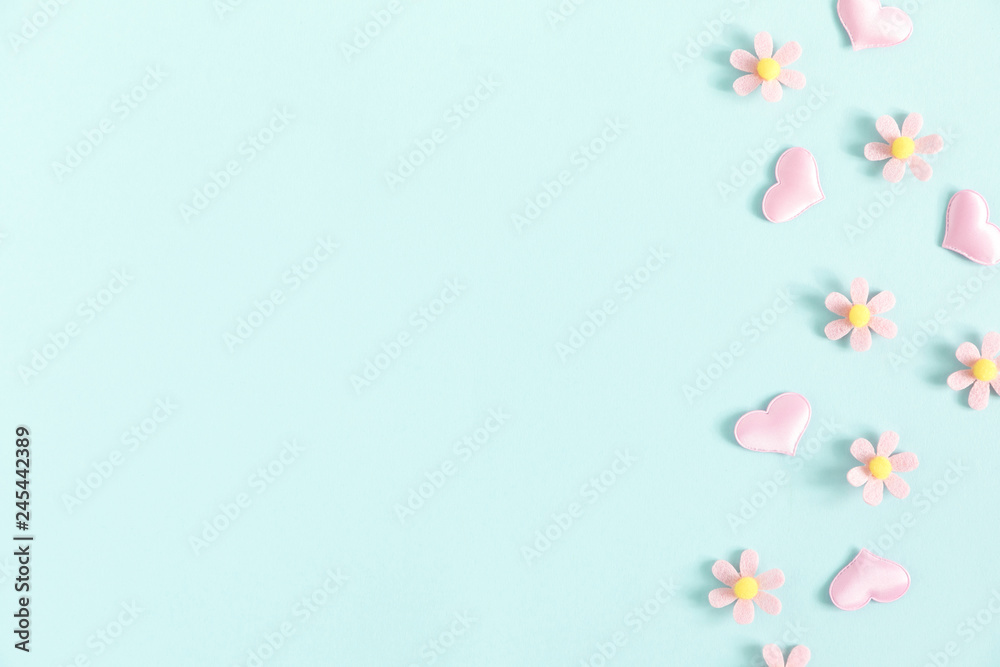 Valentine's Day background. Floral decor and pink hearts on pastel blue background. Valentines day concept, design. Flat lay, top view, copy space - Image Valentine's Day background. Floral decor and pink hearts on pastel blue background. Valentines day concept, design. Flat lay, top view, copy space - Image