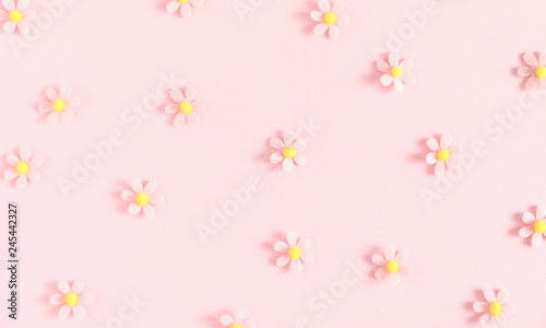 Floral decor on light pink pastel background. Wedding. Birthday. Happy womens day. Mothers Day. Valentine's Day. Flat lay, top view, copy space - Image
