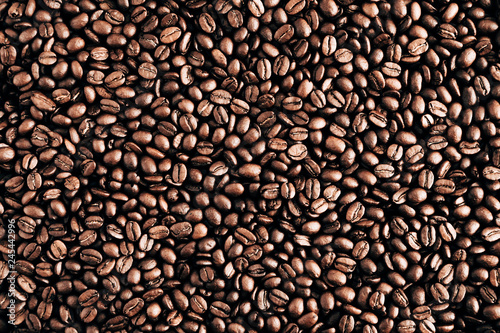 Roasted coffee beans background. Flat lay  top view