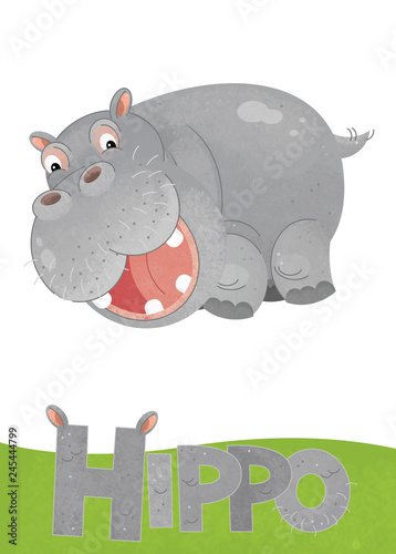 cartoon scene with hippo card on white background with name of animal - illustration for children