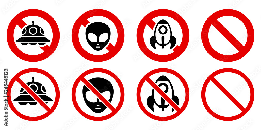 Ufo禁止マーク 宇宙人禁止マーク ロケット禁止マーク 禁止マークのセット Stock ベクター Adobe Stock Ufo禁止マーク 宇宙人禁止マーク ロケット禁止マーク 禁止マークのセット Stock ベクター Adobe Stock